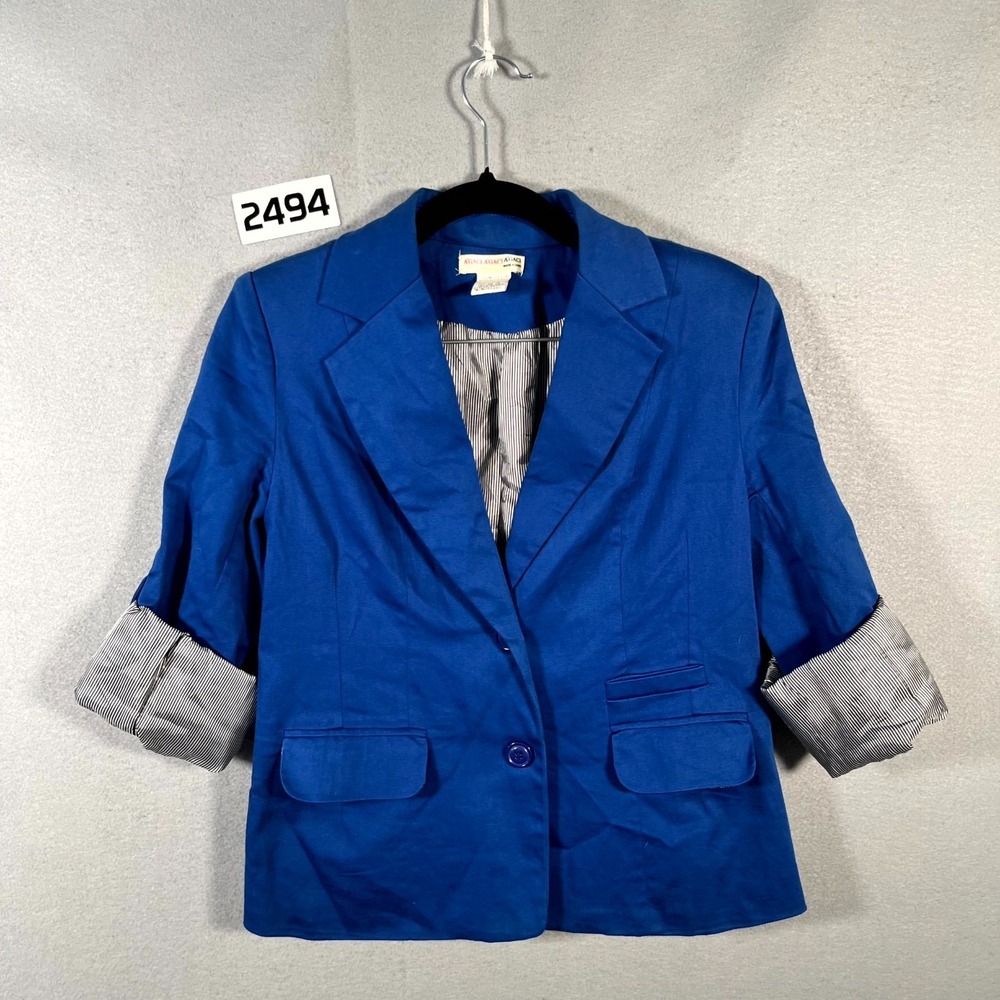 Agaci Blazer Womens Medium Blue Cotton Roll Tab Sleeve‎ Notch Lapel 2 Button